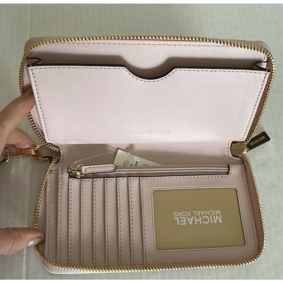 New Michael Kors Jet Set Travel Large Flat Phone Case Leather Powder Blush - Picture 3 of 4